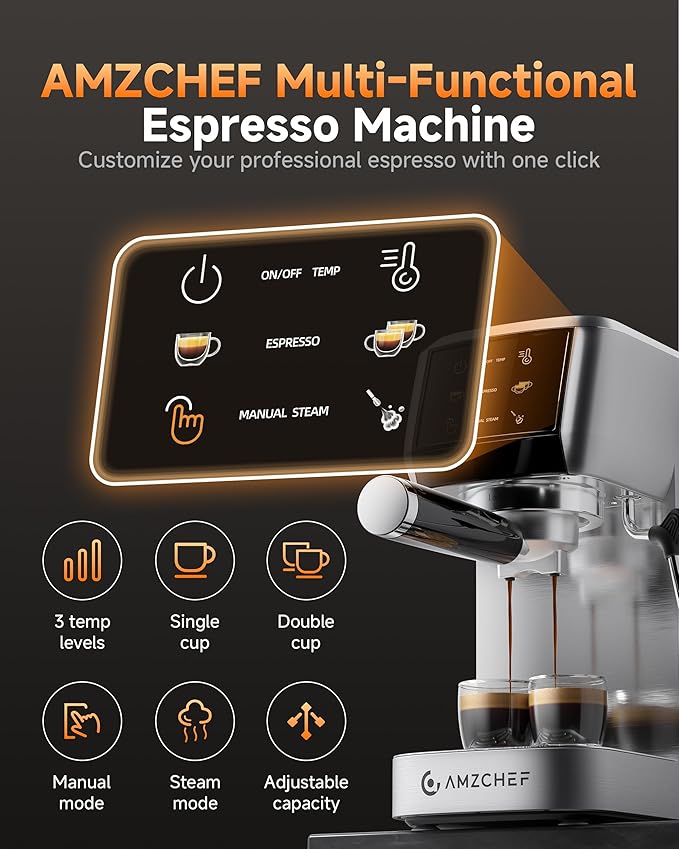 AMZCHEF 51mm Coffee Espresso Machine 20 Bar – Professional Coffee Maker with Milk Frother, Compact Stainless Steel Espresso Maker for Cappuccino, Latte, Mocha, Moon Silver