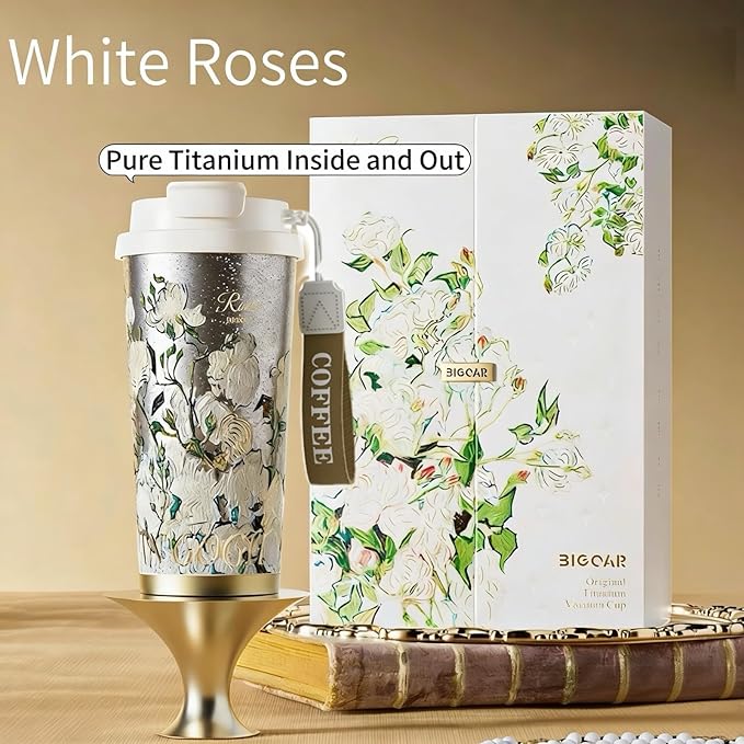 JWANGYUDG-100% Fully Titanium 17.5 oz Mug, 12-hour Thermal Insulation Coffee Mug, Artistic Travel Coffee Mug, Reusable Coffee Cup (White Roses)