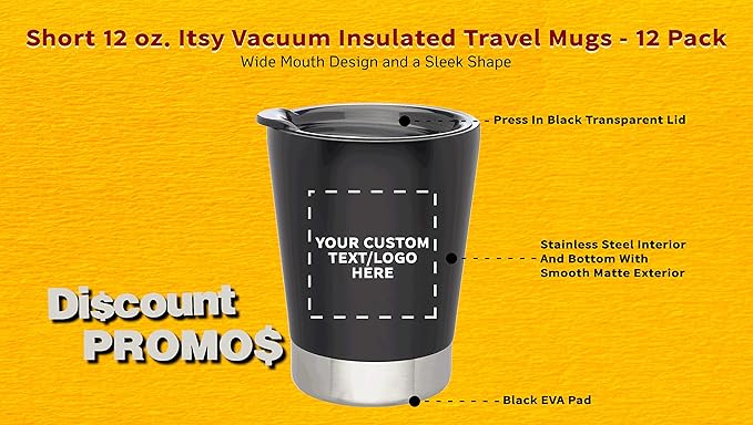 Personalized 12 oz. Itsy Vacuum Insulated Travel Mugs - 12 Pack - Custom Text, Logo - Black