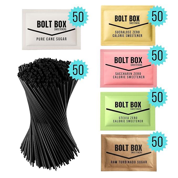 (300 total, 50 each) Bolt Box Sugar & Sugar Substitute Packets Box