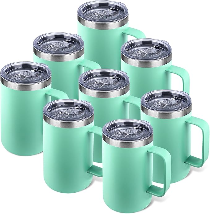 Zynkify 22oz Insulated Coffee Mug with Handle & Leak-Proof Lid - Double Wall Stainless Steel Travel Tumbler Bulk for Commute/Office/Home, Mint Green, 8 Pack