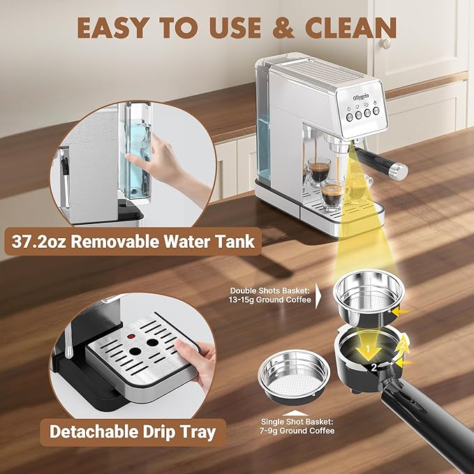 20 Bar Espresso Machine with Steam Wand - Dual Shot Espresso Maker, Precise Pre-Infusion, Large Detachable Tank & Drip Tray, Cup Warming Tray