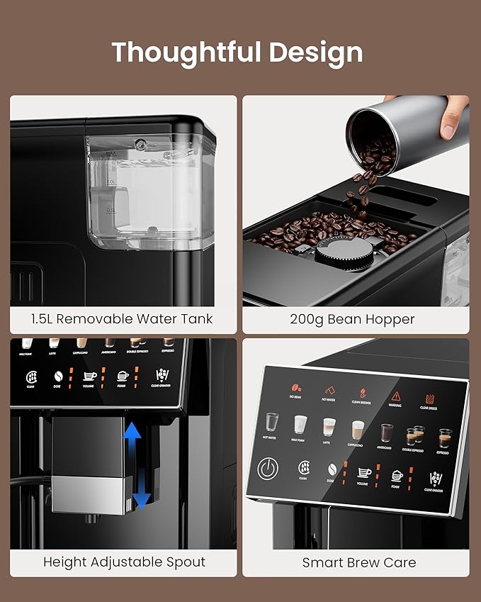 Fully Automatic Coffee Machine, 20 Bar Coffee Maker with Grinder, Automatic Espresso Machine with 15 Grinding Levels, Touch Control for Cappuccino & Latte, Auto Self-Cleaning