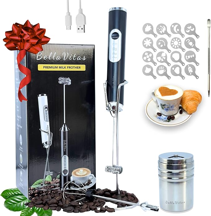 BellaVitas Milk Frother Handheld Rechargeable 3-Speed Electric Frother Wand Whisk Foam Maker Drink Mixer with Stand, 2 Whisks, Spice Shaker, Art Stencils, Art Pen for Coffee Latte, Cappuccino, Black