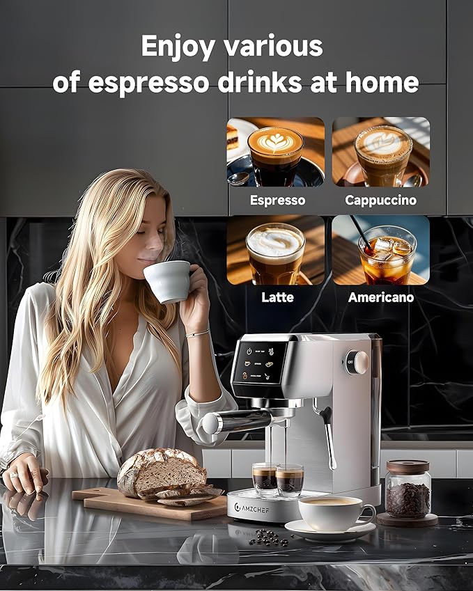 AMZCHEF 51mm Coffee Espresso Machine 20 Bar – Professional Coffee Maker with Milk Frother, Compact Stainless Steel Espresso Maker for Cappuccino, Latte, Mocha, Moon Silver
