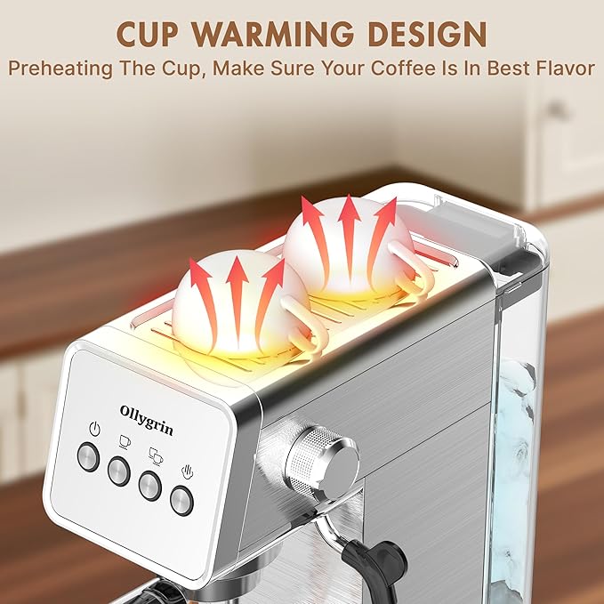 20 Bar Espresso Machine with Steam Wand - Dual Shot Espresso Maker, Precise Pre-Infusion, Large Detachable Tank & Drip Tray, Cup Warming Tray