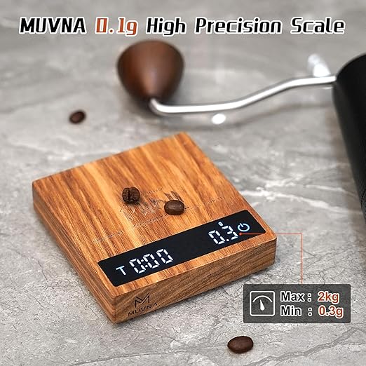 MUVNA 0.1g High Precision Digital Mini Coffee Scale, 0.3g to 2kg Measuring Range Rechargeable Espresso Mini Scale with Tare Function, LED Display(Wood)