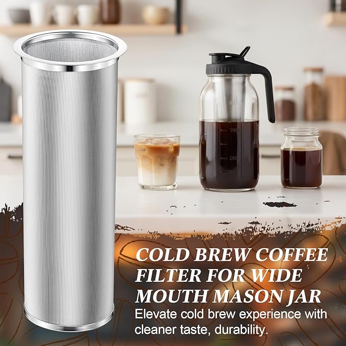 Cold Brew Coffee Filter with Brush for 64 Oz/2 Quart Wide Mouth Mason Jar Infuser 304 Stainless Steel Filter Food Grade Strainer with Sealing Ring for Iced Drink Fruit Tea Coffee Maker