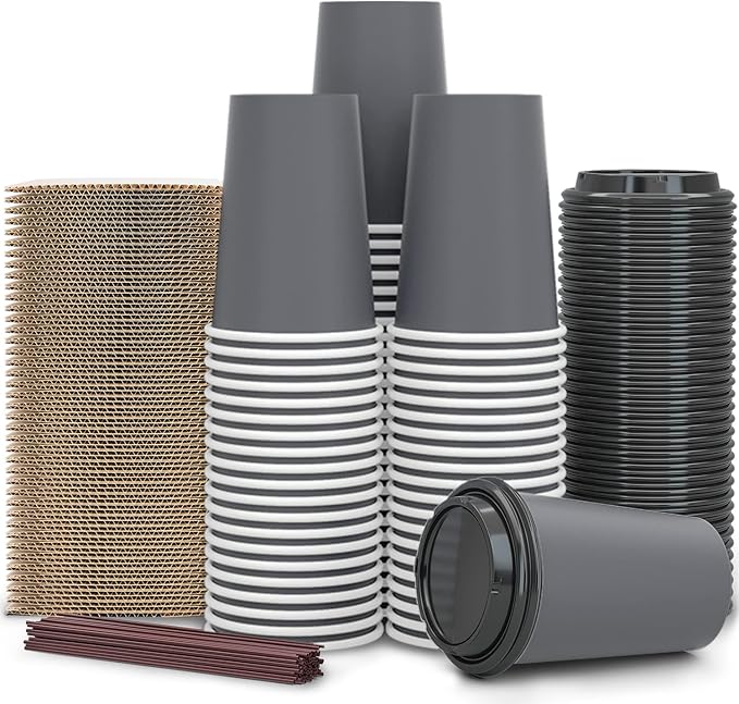 100 Pack - 12 oz Disposable Coffee Cups To Go with Lids Sleeves and Straws 100% Biodegradable & Compostable Pla Eco Friendly Paper Coffee Cups for Tea Coffee Hot Chocolate