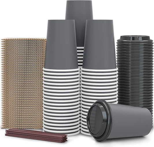 100 Pack - 12 oz Disposable Coffee Cups To Go with Lids Sleeves and Straws 100% Biodegradable & Compostable Pla Eco Friendly Paper Coffee Cups for Tea Coffee Hot Chocolate