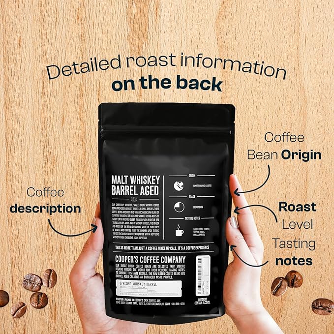 Whiskey Barrel Aged Coffee, Single-Origin Sumatra Beans Aged in American Malt Whiskey Barrels, Medium Dark Roast Whole Bean, 12 oz