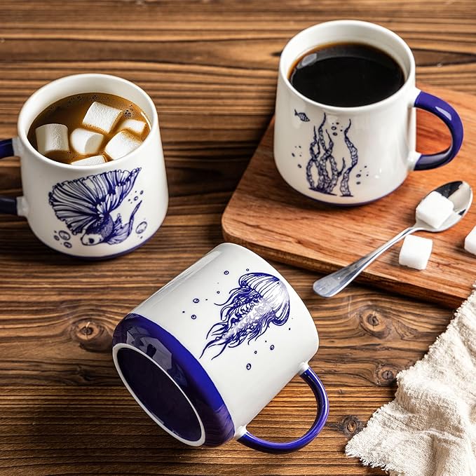 AmorArc Large Coffee Mugs Set of 4, 16oz Ceramic Coffee Cups with Sea Life Patterns for Tea Latte Cocoa. Easy to Hold&Clean, Dishwasher&Microwave Safe, Blue&White
