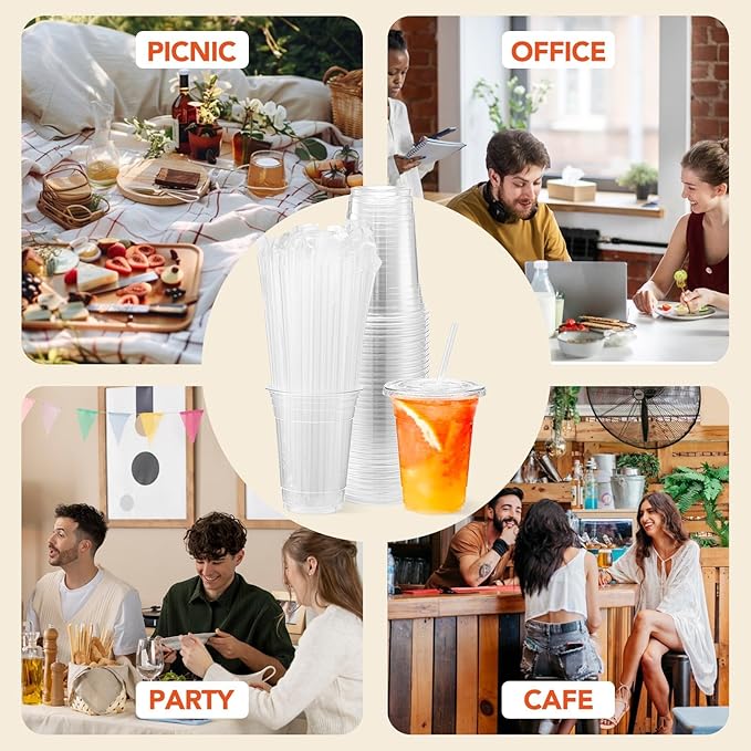 [800 Sets - 16oz] Plastic Cups with Lids and Straws, Disposable Clear Crystal Plastic Coffee Cups with Lids, BPA Free To Go Cold Cup for Cold Drinks Milkshake (Available in Large-volume Packaging)