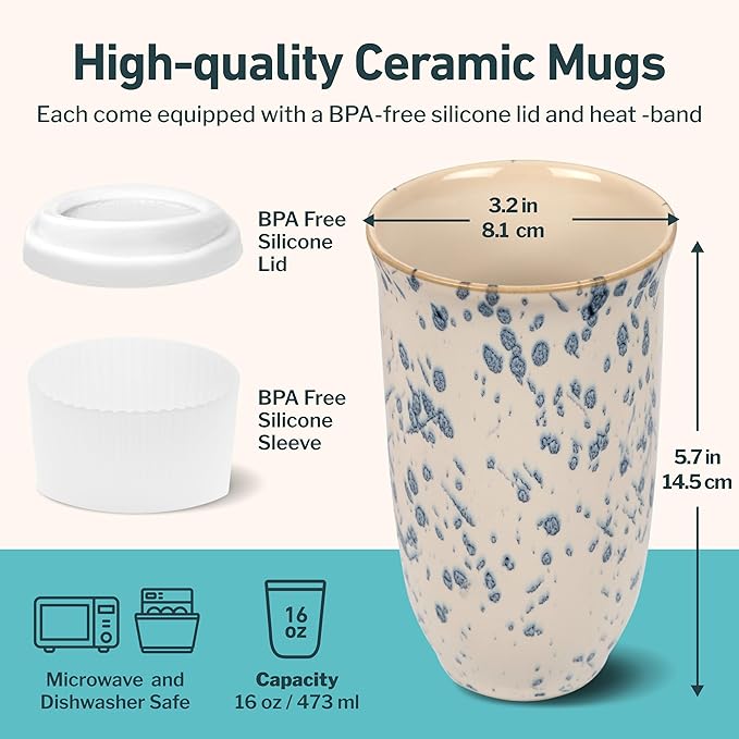 NOVA CERAMICS Travel Coffee Mug– Travel Coffee Tumbler – On the Go Coffee Mug – Microwave & Dishwasher Safe Green Coffee Tumbler - Gifts For Women Men Him Her – 16oz – Orchid