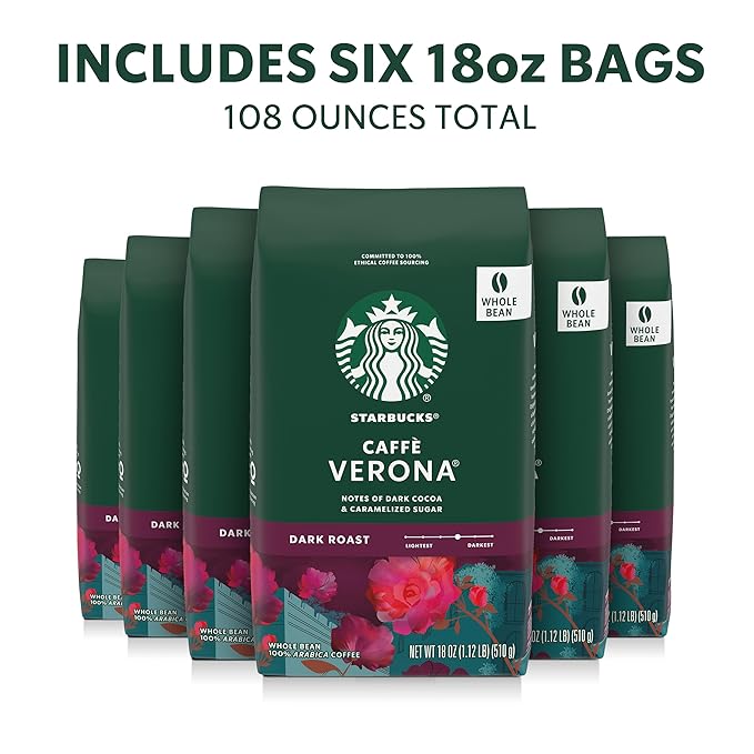 Starbucks Whole Coffee Beans, Dark Roast Hot or Iced Coffee, Caffè Verona, Six 18 oz Bags
