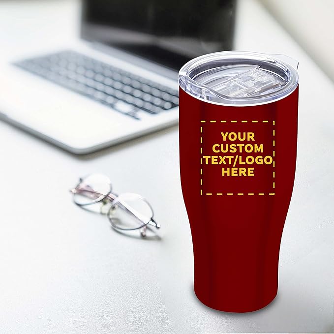 Custom Stainless Steel Grip Travel Mugs 27 oz. Set of 100, Personalized Bulk Pack - Perfect for Coffee, Soda, Other Hot & Cold Beverages - Red