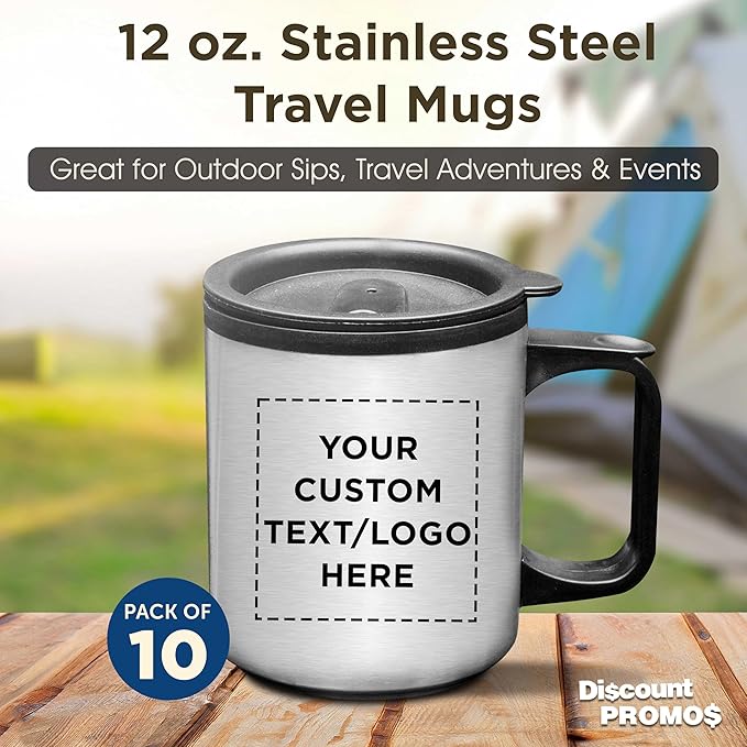DISCOUNT PROMOS Custom Stainless Steel Travel Mugs with Handle 12 oz. Set of 10, Personalized Bulk Pack - Perfect for Coffee, Soda, Other Hot & Cold Beverages - Stainless Steel
