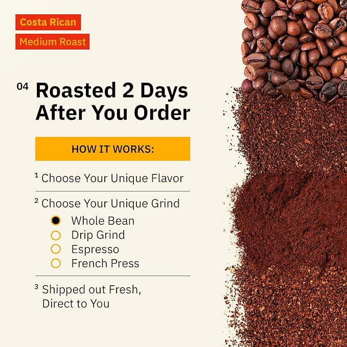 Kochere Costa Rican Specialty Whole Bean Coffee – 1LB Medium Roast – Freshly Roasted to Order – Single Origin, Farm Direct, Rich Flavored Coffee Beans – Sweet Apple, Raisin & Honey Notes