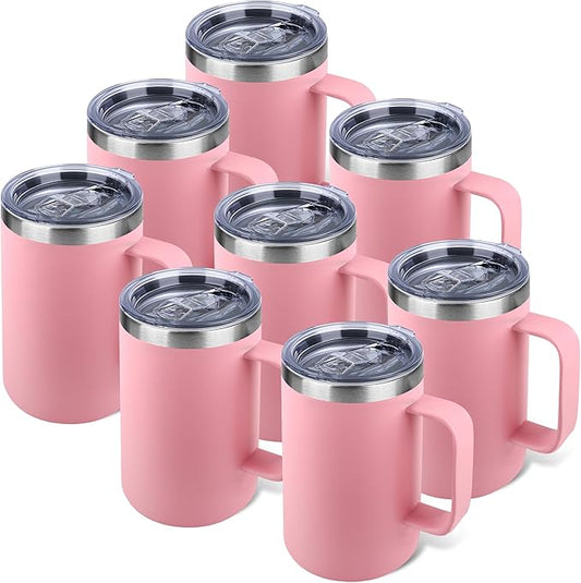 Zynkify 22oz Insulated Coffee Mug with Handle & Leak-Proof Lid - Double Wall Stainless Steel Travel Tumbler Bulk for Commute/Office/Home, Pink, 8 Pack