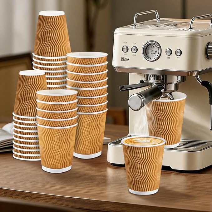 120 Pack 10 oz Coffee Cups, Disposable Corrugated Insulated Ripple Wall Paper Coffee Cups 12oz for Hot or Cold Drinks Office Home Cafe Party Travel (Champagne)