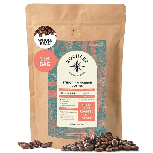 Kochere Ethiopian Harrar Whole Bean Coffee – 1LB Medium Roast – Fresh Roasted to Order – Single Origin, Farm Direct, Rich Flavored Coffee Beans – Chocolate & Fruity Notes