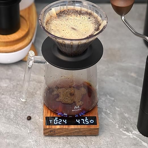 MUVNA 0.1g High Precision Digital Mini Coffee Scale, 0.3g to 2kg Measuring Range Rechargeable Espresso Mini Scale with Tare Function, LED Display(Wood)