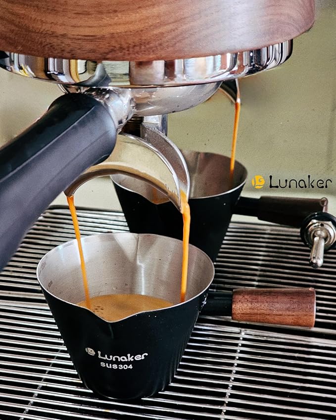 Espresso Cups - 4OZ Espresso Shot Cup with Wooden Handle -Measuring Cup with Double Spouts - Coffee Bar Accessories, White （2 Pcs）