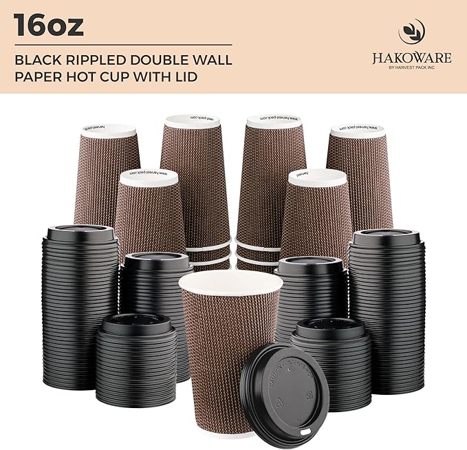 [340 SET]Harvest Pack 16 oz Disposable Coffee Cups, Insulated Ripple Double-Walled Paper Cups with Lids, Brown Geometric, Bulk Drinking Cups for Tea Hot Chocolate Drinks To go coffee cups