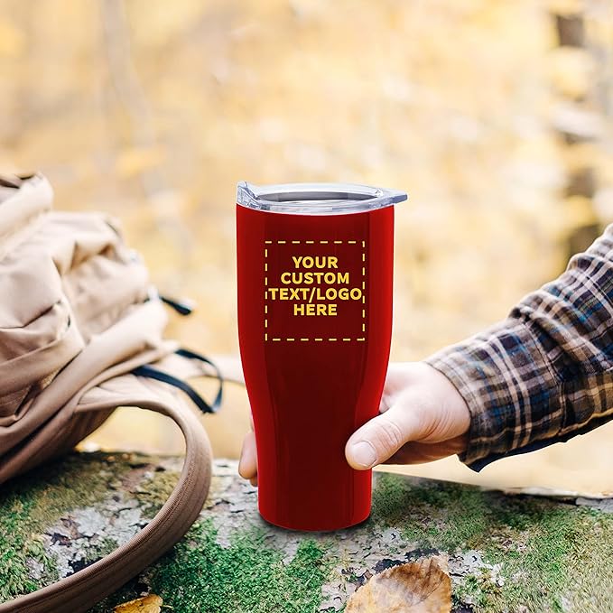 Custom Stainless Steel Grip Travel Mugs 27 oz. Set of 50, Personalized Bulk Pack - Perfect for Coffee, Soda, Other Hot & Cold Beverages - Red