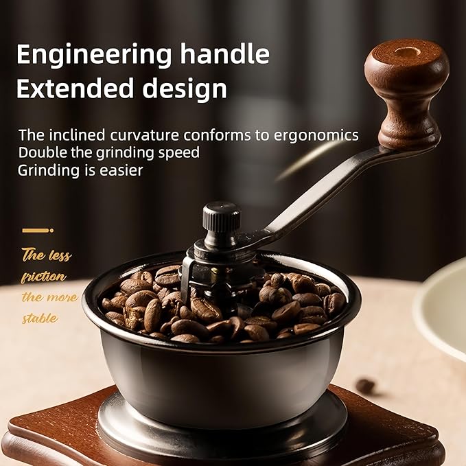 Vintage Handheld Manual Coffee Grinder with Ceramic Burr Adjustable Coarseness Ergonomic Wooden Handle Non-Slip Base for Home Kitchen Small Batch Brewing and Travel (classic)