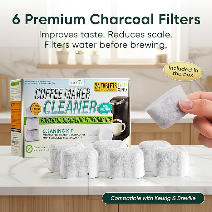 Coffee Maker Cleaner Tablets – 24 Count, Descaling Tablets for Keurig and Breville Machines – Includes 6 Water Filter Cartridges – Deep Cleaning Descaler Tab for Espresso & Single-Serve Coffee Makers