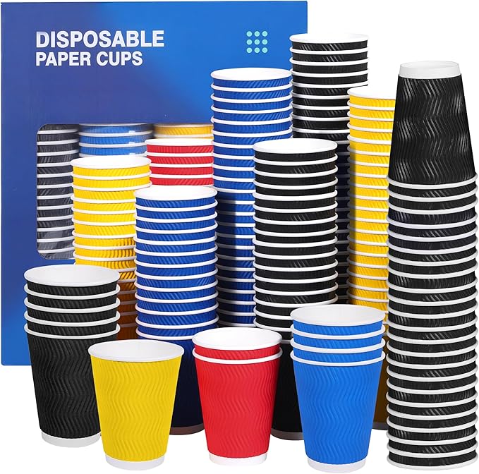 100 Pack Disposable Coffee Cups 12 oz, Paper Coffee Cups Insulated,coffee bar accessories, Hot Cold Drinking Cup for Party, Picnic, Travel, Business, Home；（4 Color）