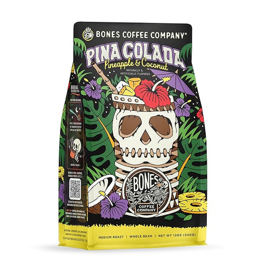 Bones Coffee Company Pina Colada, Pineapple and Coconut Flavored Coffee, Medium Roast Low Acid Arabica Beans Compatible with Auto drip and French Press Coffee Maker, 12 Oz Whole Bean