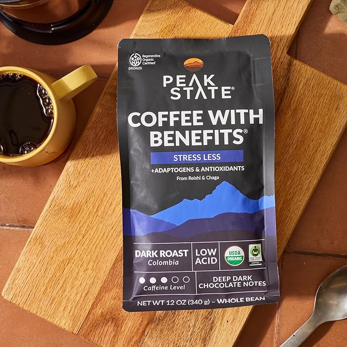 Peak State Coffee with Benefits - Mushroom Coffee Organic Beans - STRESS LESS Dark Roast Adaptogen with Reishi & Chaga - Mold Free, Mycotoxin Free,Vegan, Paleo, Dairy Free, Gluten-Free, Non-GMO (12 oz Bag, Whole Bean - $1.13/cup)
