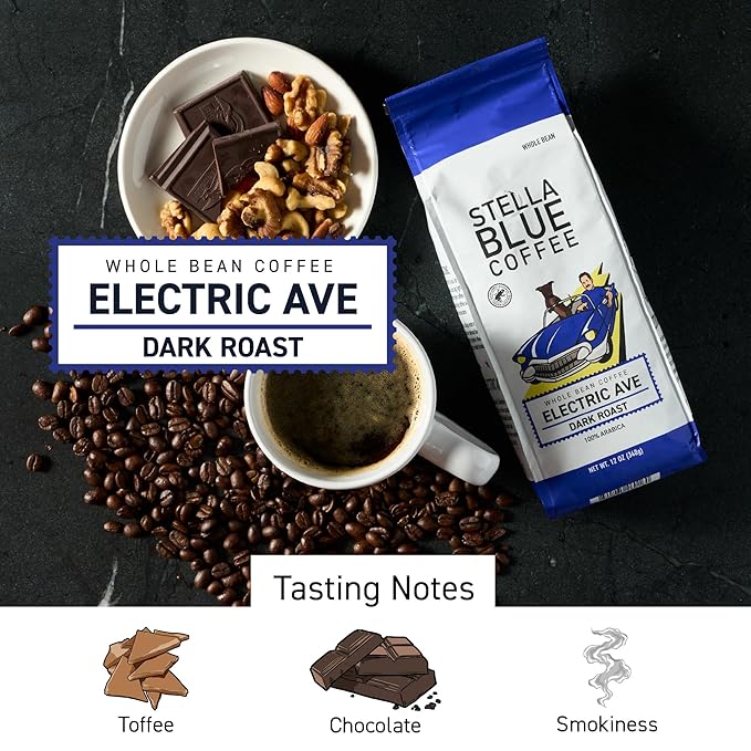 Stella Blue Whole Bean Coffee, Electric Avenue Blend, Dark Roast, Toffee Dark Chocolate, Smoky Notes, 100% Arabica Beans, Ethically Sourced from Central and South America, Smooth Balanced, 12oz Bag