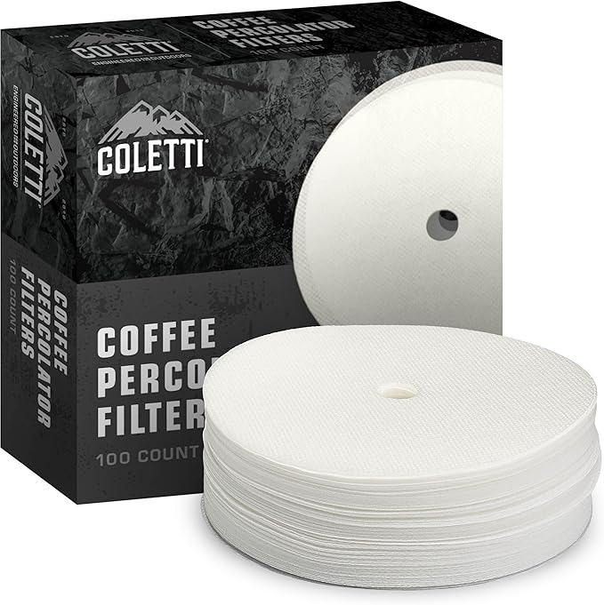 COLETTI Percolator Coffee Filters — Disc Coffee Filters For Percolators – For Bozeman, Butte, & Scoutmaster Camping Coffee Makers – Perfectly Tasteless, Mesh Filter [100 pack, Paper, 3.75”]