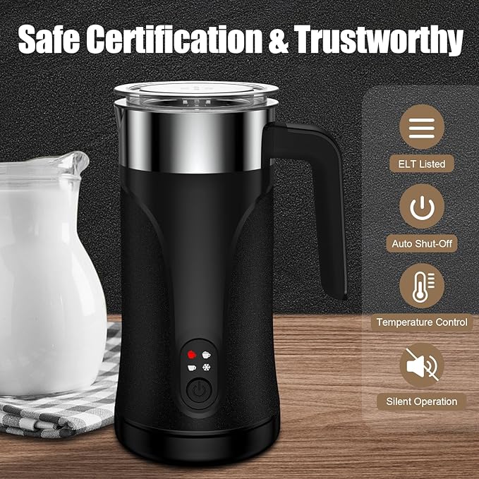 Ovetedot Milk Frother, 4-in-1 Milk Frother and Steamer, 10.1oz/300ml Automatic Hot and Cold Foam Maker and Milk Warmer, Electric Milk Frother for Coffee, Latte, Cappuccino, Matcha(Black)