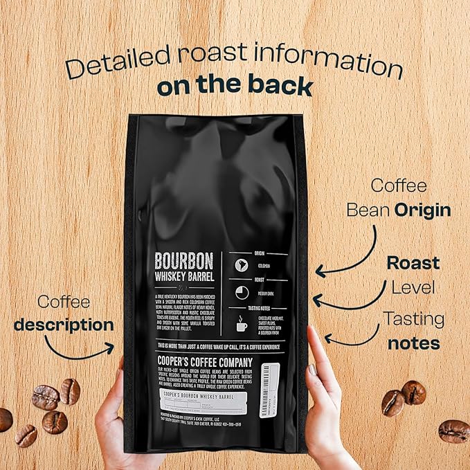 Bourbon Barrel Aged Coffee, Single-Origin Colombian Beans Aged in Kentucky Bourbon Whiskey Barrels, Medium Dark Roast Whole Bean, 5 lb