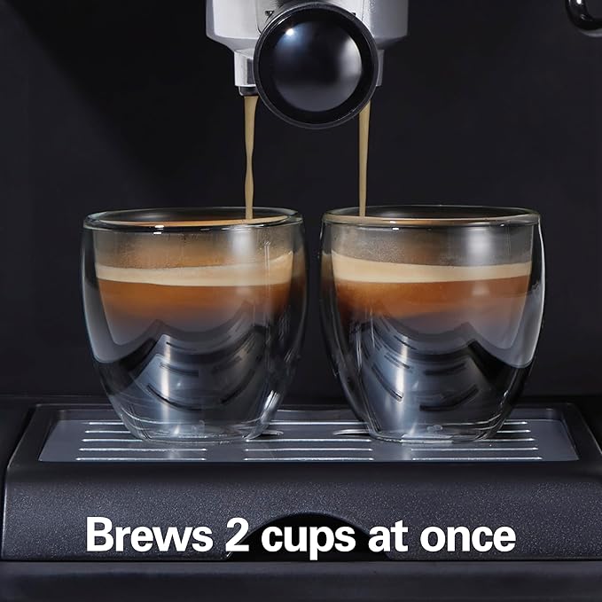 Hamilton Beach 15 Bar Espresso Machine, Cappuccino, Mocha, & Latte Maker, with Milk Frother, Make 2 Cups Simultaneously, Works with Pods or Ground Coffee, 50 oz. Water Reservoir, Black