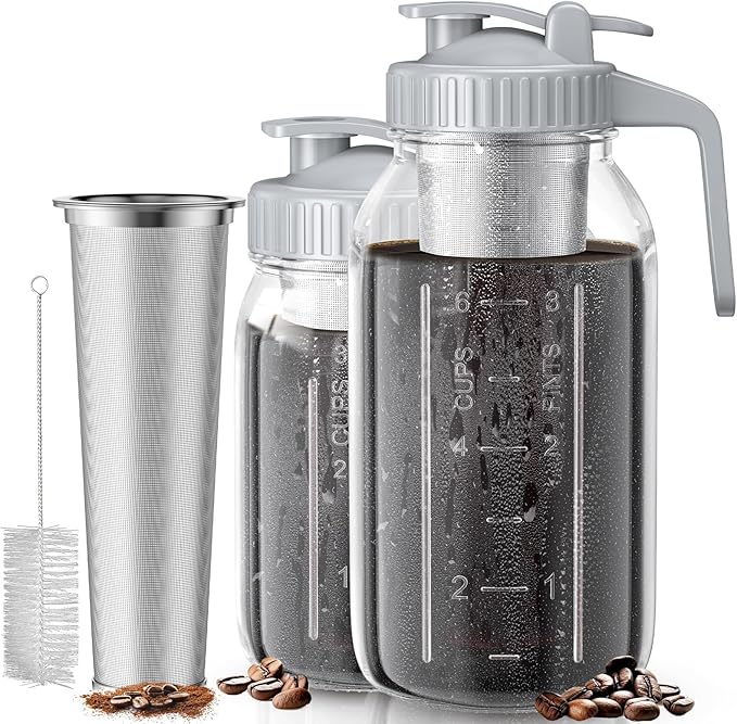 AHOMSEL Cold Brew Coffee Maker Jar - 2 Pack 64 oz/32 oz Glass Cold Brew Maker with Handle, Stainless Steel Filter & Leak-Proof Lid, Heavy Duty Cold Brew Pitcher for Iced Coffee, Sun Tea, and Milk