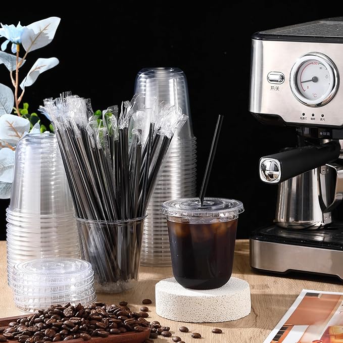 100 Set 12 oz Clear Plastic Cups with Lids and Straws, Disposable Iced Coffee PET Cups for Drinking Cold Beverage Juice Parfait Smoothie Milkshake Coffee Shops Party Supplies