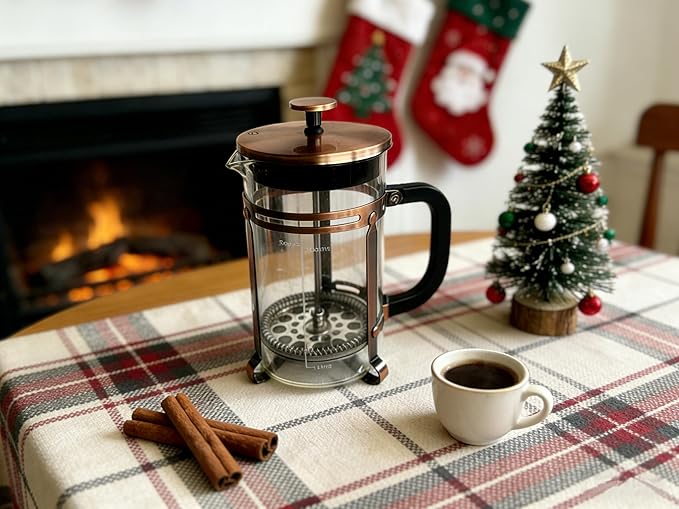 French Press Coffee Maker with Copper Frame, Multi-Layer Stainless Steel Filter, Glass Carafe with Measurement Markings, Easy to Clean, for Home & Office