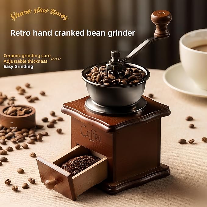 Vintage Handheld Manual Coffee Grinder with Ceramic Burr Adjustable Coarseness Ergonomic Wooden Handle Non-Slip Base for Home Kitchen Small Batch Brewing and Travel (classic)