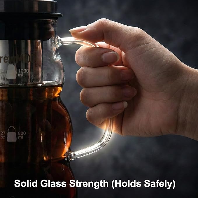 BrewMOO Cold Brew Coffee Pitcher (1.0L/34oz) - Elegant Sleek Wave Borosilicate Glass Pitcher with 100um 304 Stainless Steel Filter & Airtight Lid, Efforless Mannual for Beginner, Sophisticated Gift