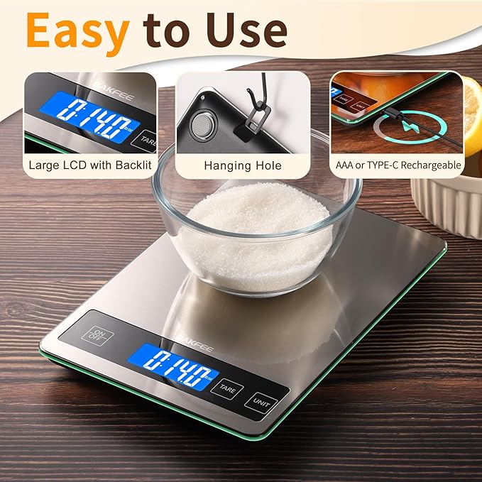 BakFee Food Scale, 33lb Digital Kitchen Scale with Stainless Steel & Tempered Glass, USB Rechargeable, 1g / 0.05oz Precise Graduation, Waterproof and Sturdy Surface, for Cooking, Baking, Weight Loss