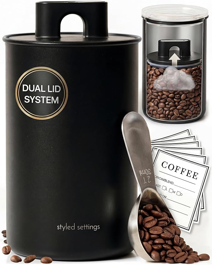 Coffee Storage Container - Airtight Vacuum Coffee Canister with Scoop and Label - Matte Black Canister Holds 1.2 lbs Beans or 1.5lbs Grounds, Dual-Lid Freshness System - Perfect for Gifting