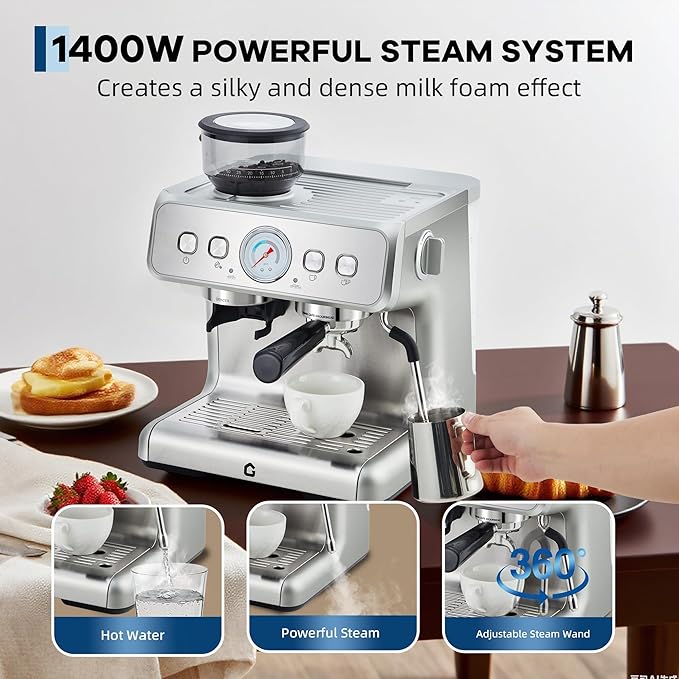 20-Bar Espresso Machine with Grinder – Stainless Steel Coffee Maker – 2.8L Removable Tank, 30 Grind Settings, Adjustable Shot Volume, Milk Frother Steam Wand for Home or Office