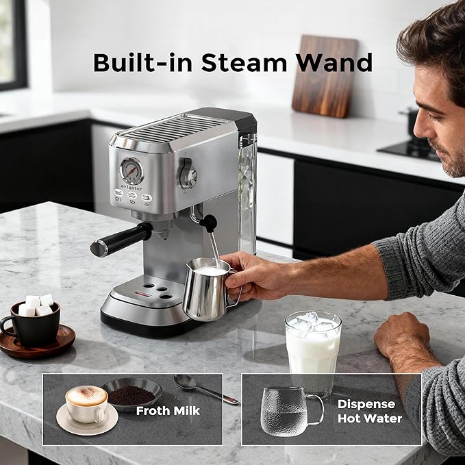 Espresso Coffee Machine, 20 Bar Espresso Maker with Milk Frother, Hot Espresso & Cold Brew, 50 oz Water Tank, Visible Pressure Gauge, Compact Design for Counter