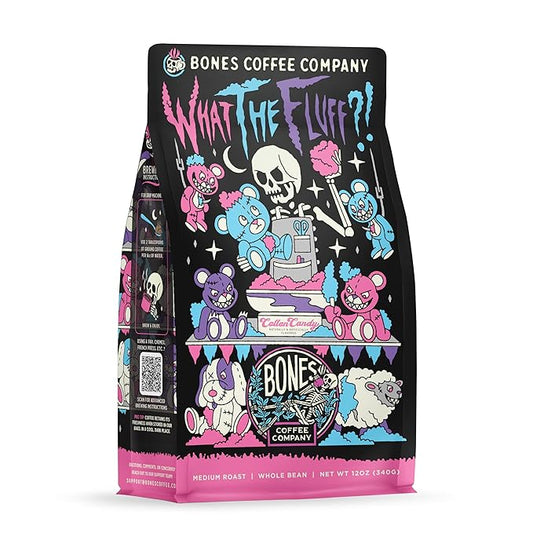 Bones Coffee Company What the Fluff?! Berry Cotton Candy Flavored Coffee, Medium Roast Low Acid Arabica Beans Compatible with Auto drip and French Press Coffee Maker, 12 Oz Whole Bean