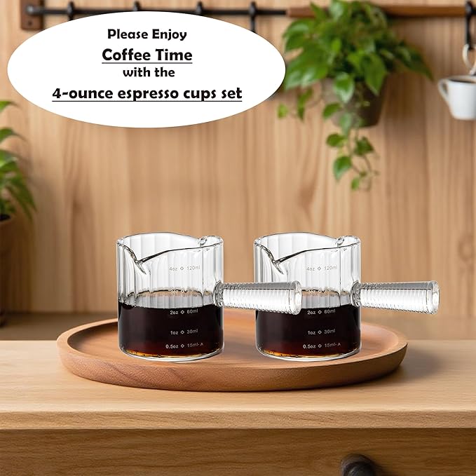 Espresso Cups Set of 2, 4 OZ Glass Double Spouts Cups, Shot Glasses, Milk Cup with Glass Handle for Dishwasher Safe, Espresso Accessories for Machine, Demitasse Cups, Small (Clear)